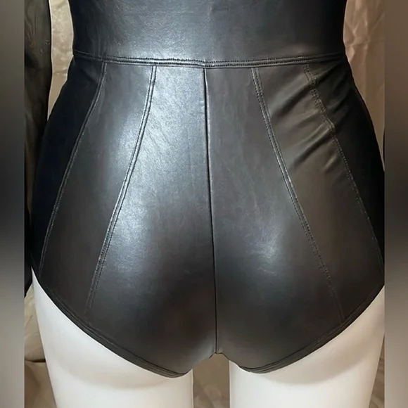 Honey Birdette RARE Black Sheer Mesh and Faux Leather Plunge Bodysuit - Picture 7 of 8